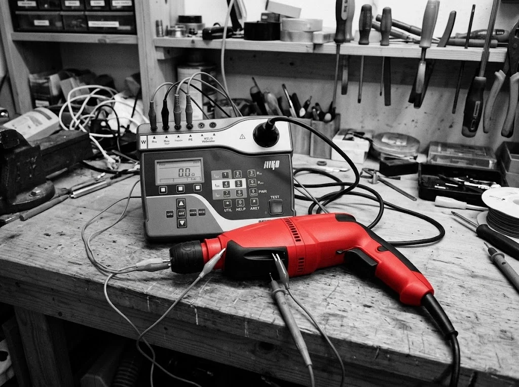 Měřicí přístroj a vrtačka připravené ke kontrole elektrického spotřebiče